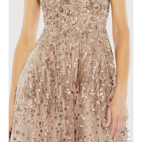 Mac Duggal 20398 Gold Sequin Fit & Flare Midi Dress 16 Cap Sleeves Cocktail NWT - Picture 6 of 16